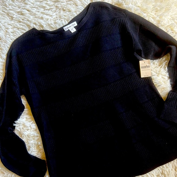 Coldwater Creek cable stripe black lightweight wool sweater size 14 Large - Picture 1 of 8